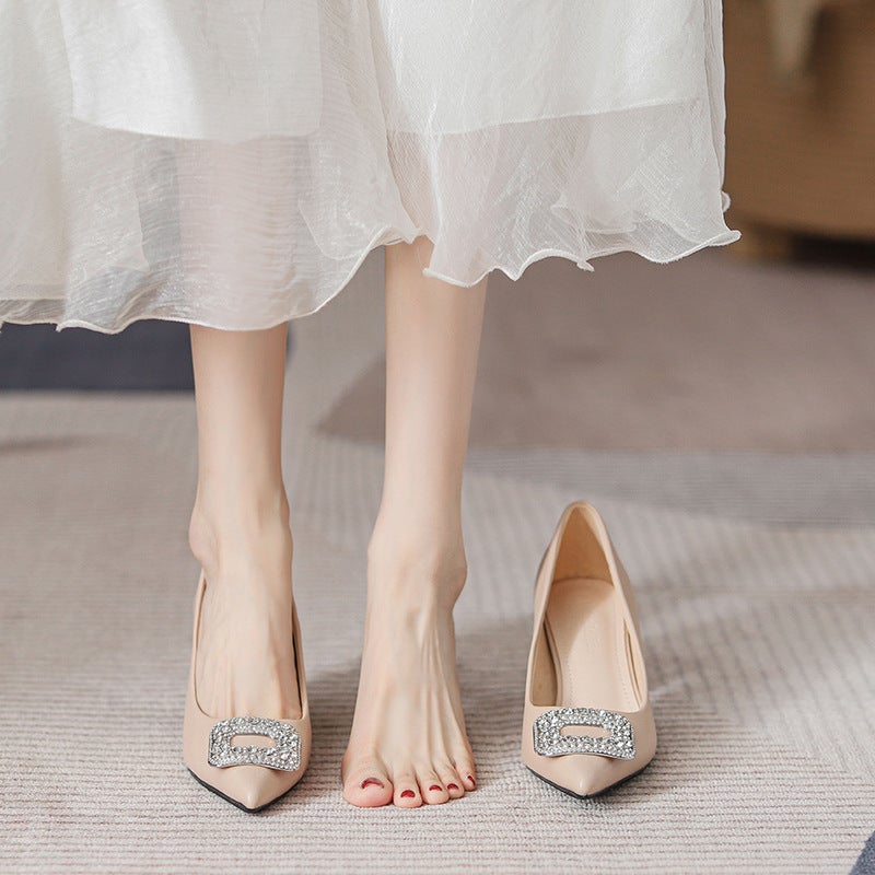 9833-5 Not Tired Feet High Heels Plus Size Suede Black Professional Work Shoes Temperament Beautiful Rhinestone Stiletto Heel Shoes - Image 3